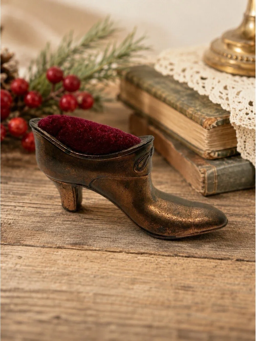 Antique Victorian Cast Metal High Heel Shoe Pin Cushion Red Velvet Bronze Finish